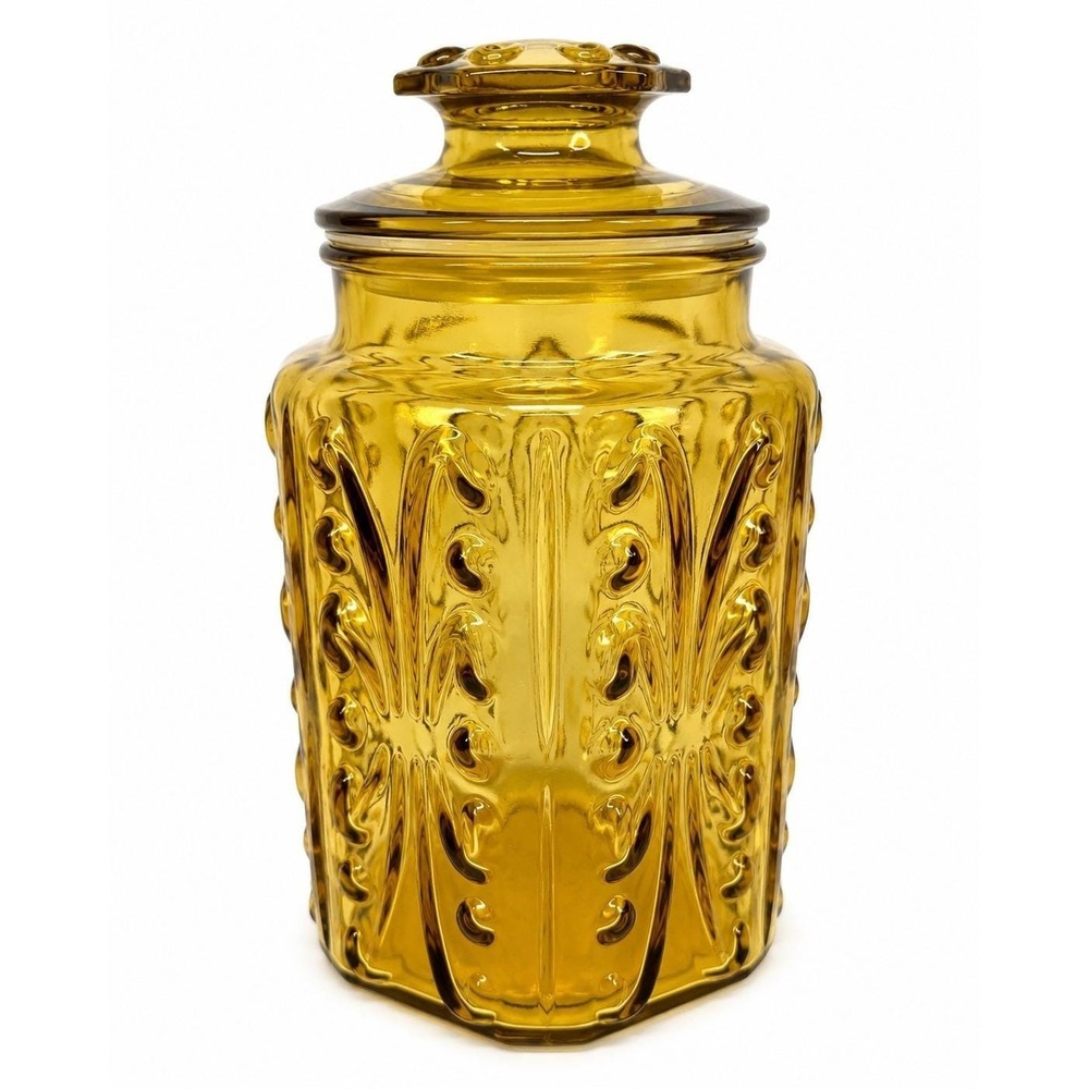 Vintage Amber Glass Apothecary Canister Jar w/ Faceted Lid Octagonal MCM Storage